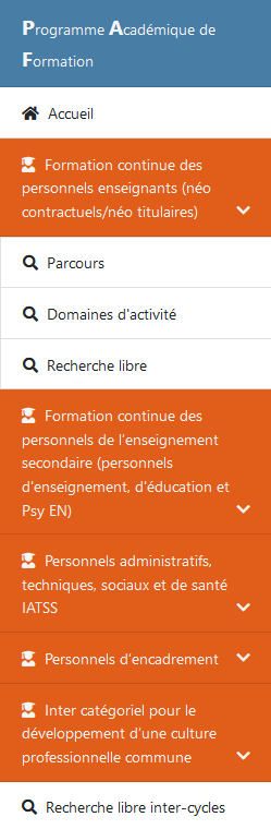 Menu de navigation avec les options de recherche du cycle "Formation continue des personnels enseignants(néo contractuels/néo titulaire)"